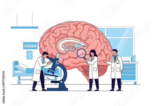 Flat style vector illustration of doctor and scientists analyzing human brain with magnifying glass and microscope, neuroscience research concept, cognitive study and medical innovation teamwork