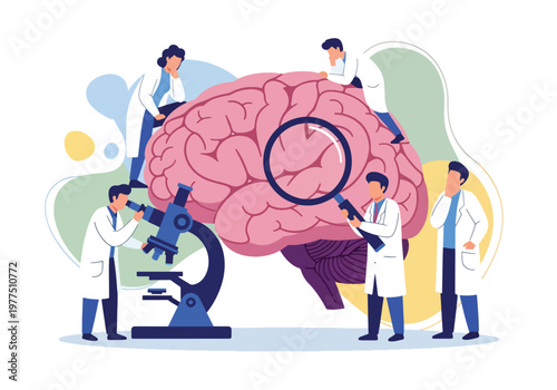 Flat style vector illustration of doctor and scientists analyzing human brain with magnifying glass and microscope, neuroscience research concept, cognitive study and medical innovation teamwork