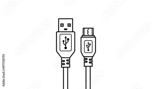 Vector illustration of usb cable with a and micro b connectors on white background