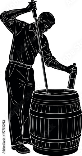 Vintage illustration of a cooper skillfully crafting a wooden barrel with traditional tools and techniques