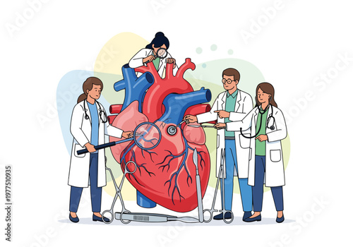 Flat style vector illustration of doctors examining human heart with magnifying glass, cardiology healthcare concept, cardiovascular diagnosis and medical research teamwork