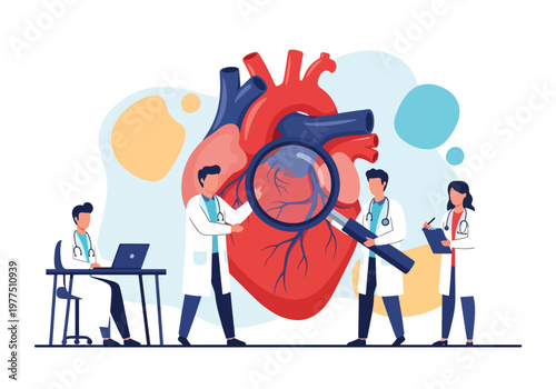 Flat style vector illustration of doctors examining human heart with magnifying glass, cardiology healthcare concept, cardiovascular diagnosis and medical research teamwork