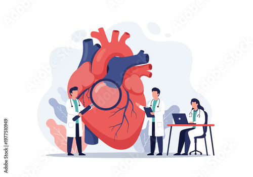 Flat style vector illustration of doctors examining human heart with magnifying glass, cardiology healthcare concept, cardiovascular diagnosis and medical research teamwork