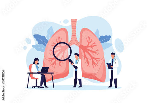 Flat style vector illustration of doctors analyzing human lungs with magnifier, respiratory health concept, pulmonary diagnosis and medical research teamwork