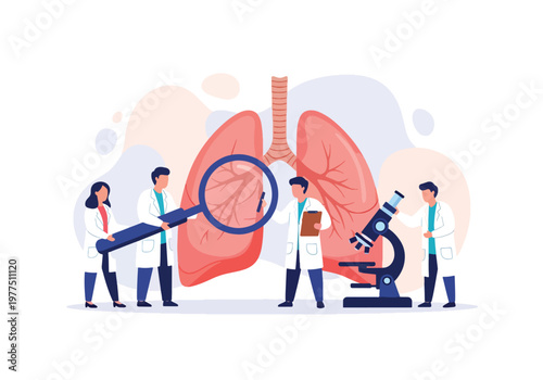 Flat style vector illustration of doctors analyzing human lungs with magnifier, respiratory health concept, pulmonary diagnosis and medical research teamwork