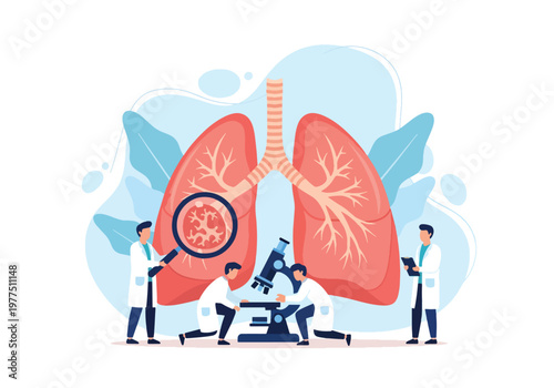 Flat style vector illustration of doctors analyzing human lungs with magnifier, respiratory health concept, pulmonary diagnosis and medical research teamwork