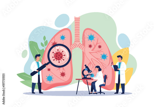 Flat style vector illustration of doctors analyzing human lungs with magnifier, respiratory health concept, pulmonary diagnosis and medical research teamwork