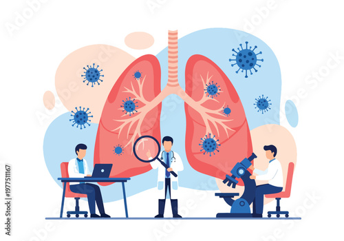 Flat style vector illustration of doctors analyzing human lungs with magnifier, respiratory health concept, pulmonary diagnosis and medical research teamwork