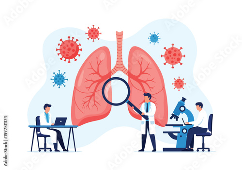 Flat style vector illustration of doctors analyzing human lungs with magnifier, respiratory health concept, pulmonary diagnosis and medical research teamwork