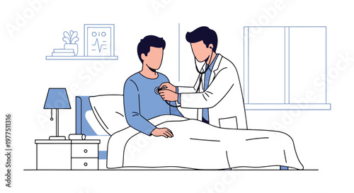 Flat style vector illustration of doctor using stethoscope to examine patient, medical checkup concept, healthcare consultation and routine physical examination scene
