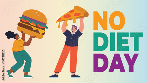 No diet day illustration with people holding burger and pizza celebrating cheat day indulgence fast food lifestyle colorful flat vector design concept