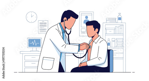 Flat style vector illustration of doctor using stethoscope to examine patient, medical checkup concept, healthcare consultation and routine physical examination scene