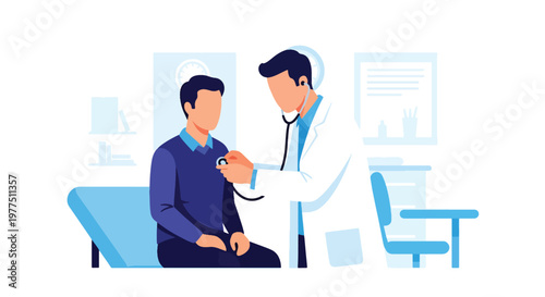Flat style vector illustration of doctor using stethoscope to examine patient, medical checkup concept, healthcare consultation and routine physical examination scene