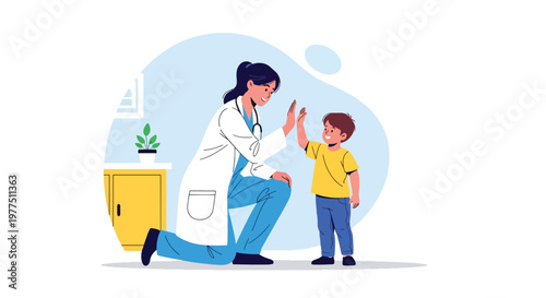 Flat style vector illustration of pediatric doctor giving high five to child patient, pediatric healthcare concept, friendly medical support and child wellness environment