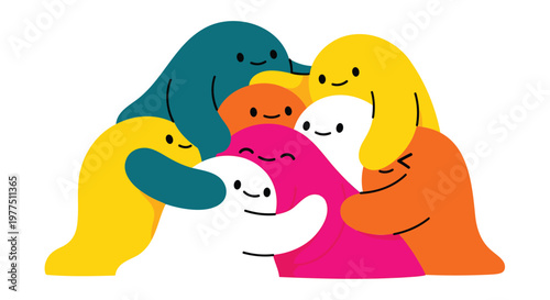 Colorful people hugging, group hug, friendship icons, vector illustrations, social connection graphics