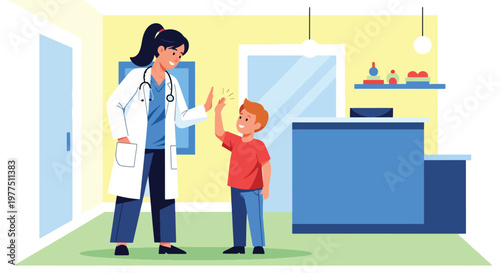 Flat style vector illustration of pediatric doctor giving high five to child patient, pediatric healthcare concept, friendly medical support and child wellness environment