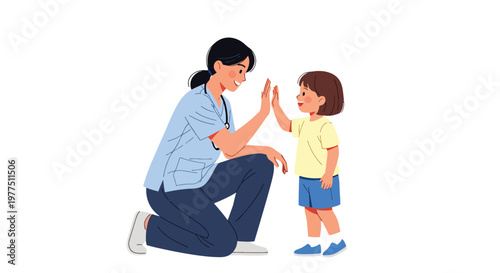 Flat style vector illustration of pediatric doctor giving high five to child patient, pediatric healthcare concept, friendly medical support and child wellness environment