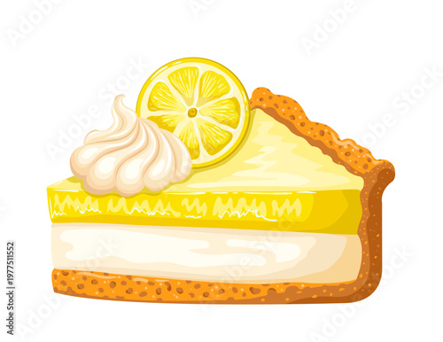 A delicious slice of lemon cake garnished with vanilla cream. The color image is isolated on white. Vector. 