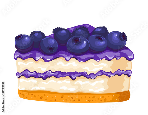 A delicious piece of bilberry cake with berries and cream. The color image is isolated on white. Vector. 