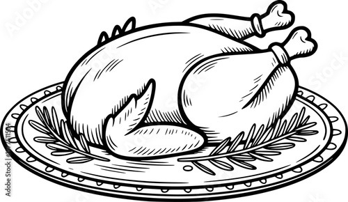Hand-drawn roasted chicken a decorative platter with rosemary sprigs, isolated