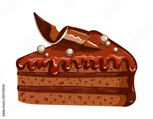 A tasty piece of chocolate cake with decor. The color image is isolated on white. Vector. 