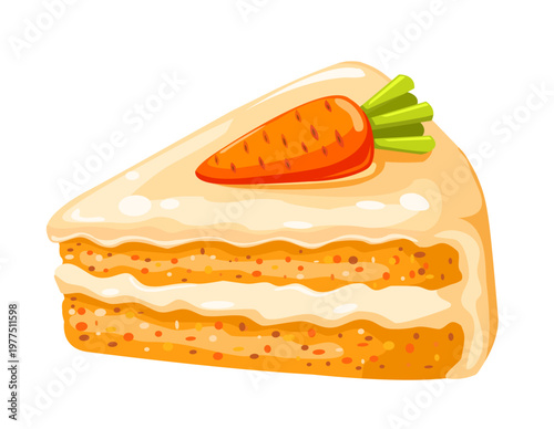 A tasty piece of decor carrot cake. The color image is isolated on white. Vector. 