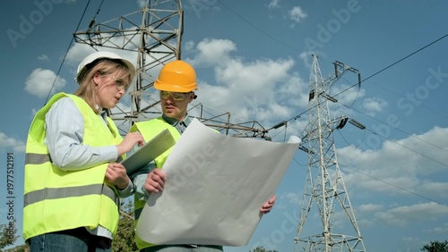 Schilderij op canvas Project team of energy auditors conducting electricity pylon inspection