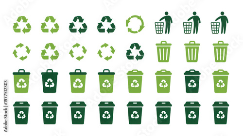 Diverse green recycling human waste disposal figures, and trash bins in rows keywords: recycling, recycle, symbol, green, eco