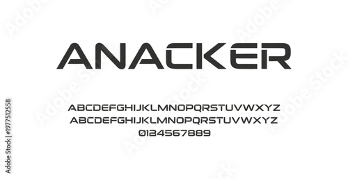 A modern font design showcasing the Anacker typeface with alphabet and numbers on a clean white background