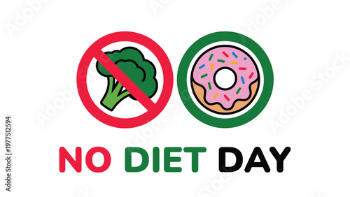 No diet day illustration with healthy broccoli crossed out and donut icon representing cheat day indulgence balance concept colorful flat vector design