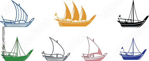Traditional arabian dhow ship icons collection featuring wooden sailing vessels with triangular sails for marine transportation.