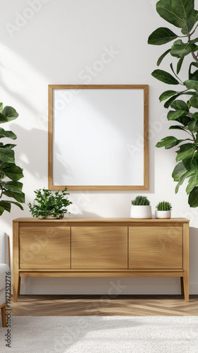 Minimalist living room interior with wooden sideboard, blank frame, green plants, white wall, cozy atmosphere, natural light