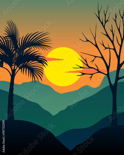Silhouettes of palm and bare tree frame a glowing sun. Mountains fade into twilight's soft orange glow. Contrast between life and stillness defines the scene