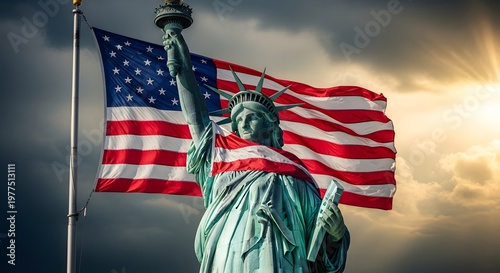 Statue of liberty with american flag celebrating independence day usa