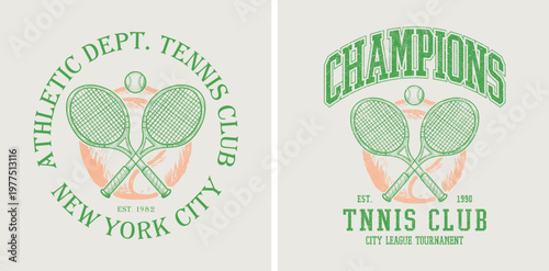 intage New York City Athletic Dept. Tennis Club Illustration - Retro Est. 1992 City League Tournament Graphic with Crossed Rackets and Ball - Classic Collegiate Varsity Style Apparel T-Shirt Design Ar