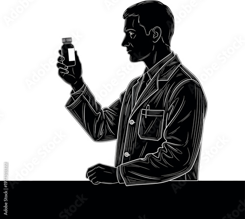 A stark black and white illustration depicts a scientist examining a vial of liquid symbolizing research and discovery