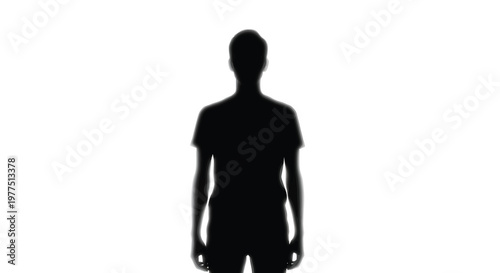 A stark silhouette of a person stands against a completely white background conveying isolation and anonymity