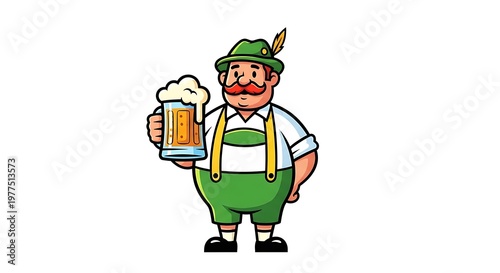 Cartoon depiction of a portly man in traditional Bavarian attire, holding a frothy beer stein