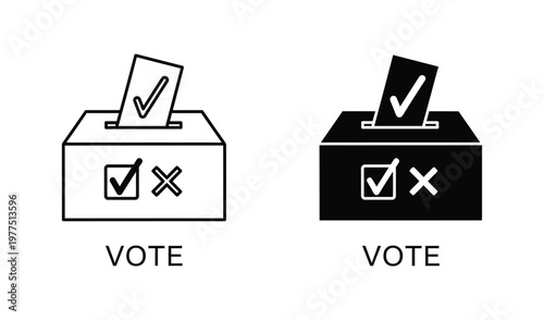 Vector illustration of black and white vote box icons with checkmark and cross symbols on isolated white background
