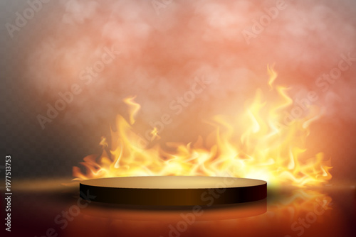 Round podium on fire with a dramatic smoky background, reflecting heat and power