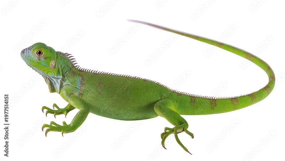 Fototapeta premium Vibrant green iguana with spiky dorsal crest, isolated on transparent background