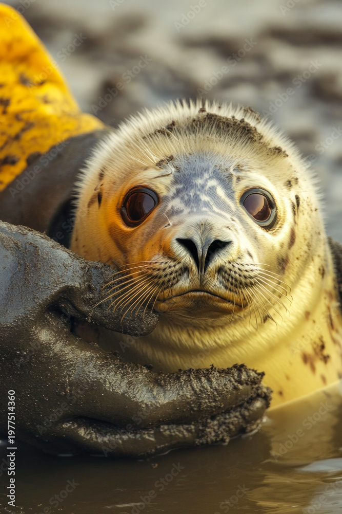 Obraz premium A seal covered in mud with a glove on, perfect for environmental or conservation-themed images