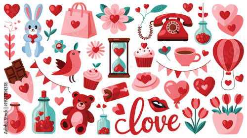Romantic valentine's day assortment with hearts, cupcakes, animals, and love symbols in pink and red keywords: valentine's day