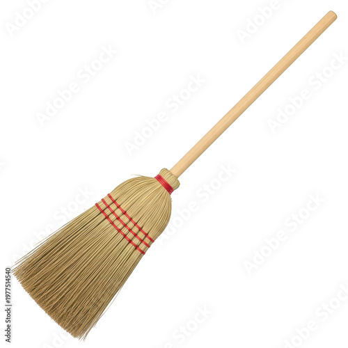 Traditional straw broom with wooden handle for cleaning purposes