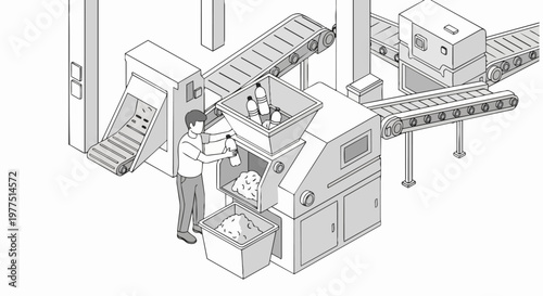 Isometric Line Art Illustration of Plastic Recycling Factory Process with Worker Crushing Bottles for Sustainable Waste Management