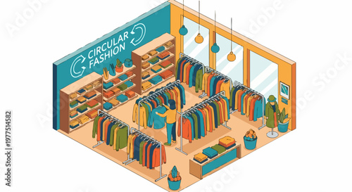 Circular Fashion Boutique Isometric Illustration - Sustainable Clothing Retail Store Interior