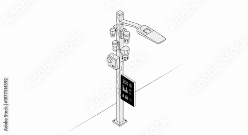Isometric Line Art Illustration of a Smart City IoT Street Pole with Sensors and Data Display