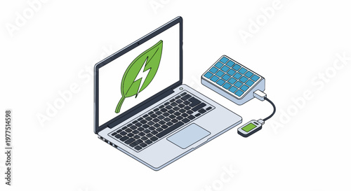 Isometric Laptop and Portable Solar Panel Illustration for Green Energy and Sustainable Technology Concepts