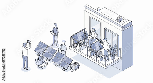 Isometric Illustration of People Installing and Using Balcony Solar Panels and Portable Power Stations for Green Energy and Sustainable Living