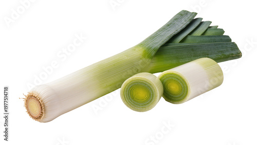 Obraz na plátně Fresh leek vegetable with sliced cross-sections, isolated on transparent backgro